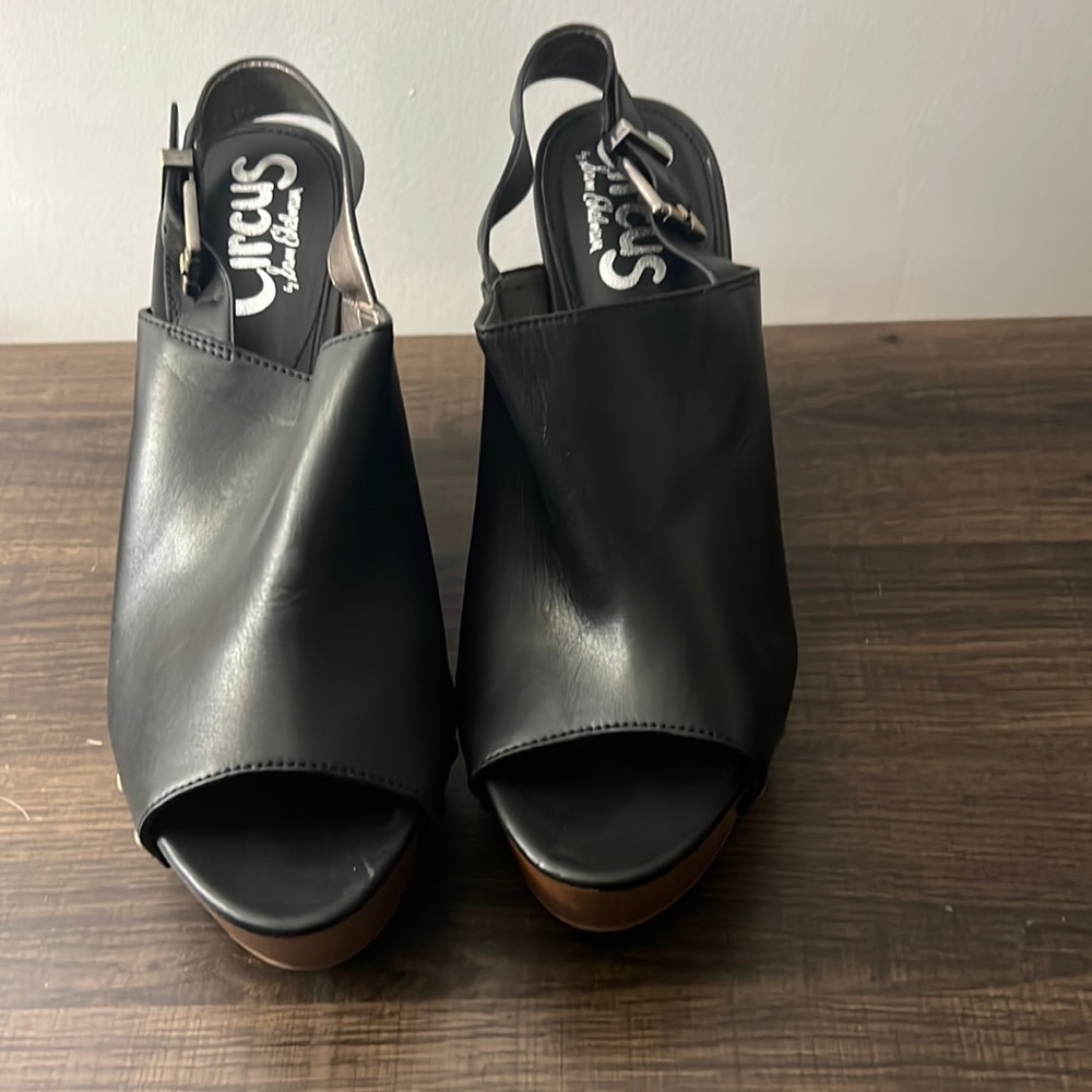 Size 10 Circus black and brown open toe wedges with studs on the side